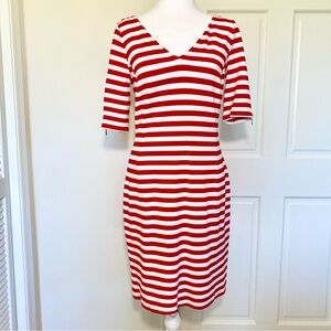 NWT BANANA REPUBLIC Red White Striped V Neck Zipped Sleeve Ponte Sheath Dress 6